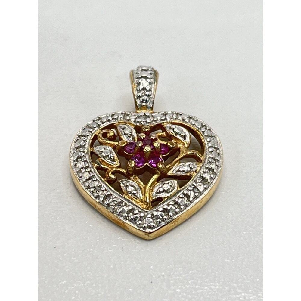 Sterling Silver 925 Vermeil Love Heart Pendant No Necklace Pink Flower Accent